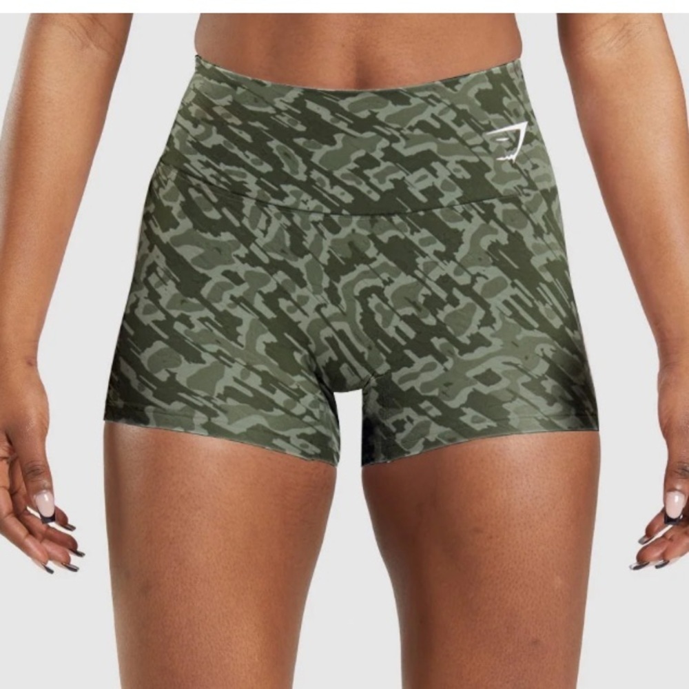 Gymshark Green Camo High-Waisted Gym Shorts | S